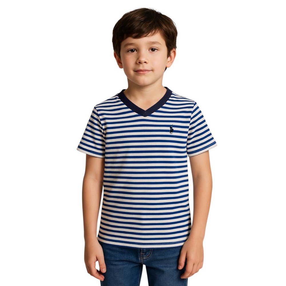 Polo Ralph Lauren T-Shirt Boys Striped V-Neck Blue White Size 5